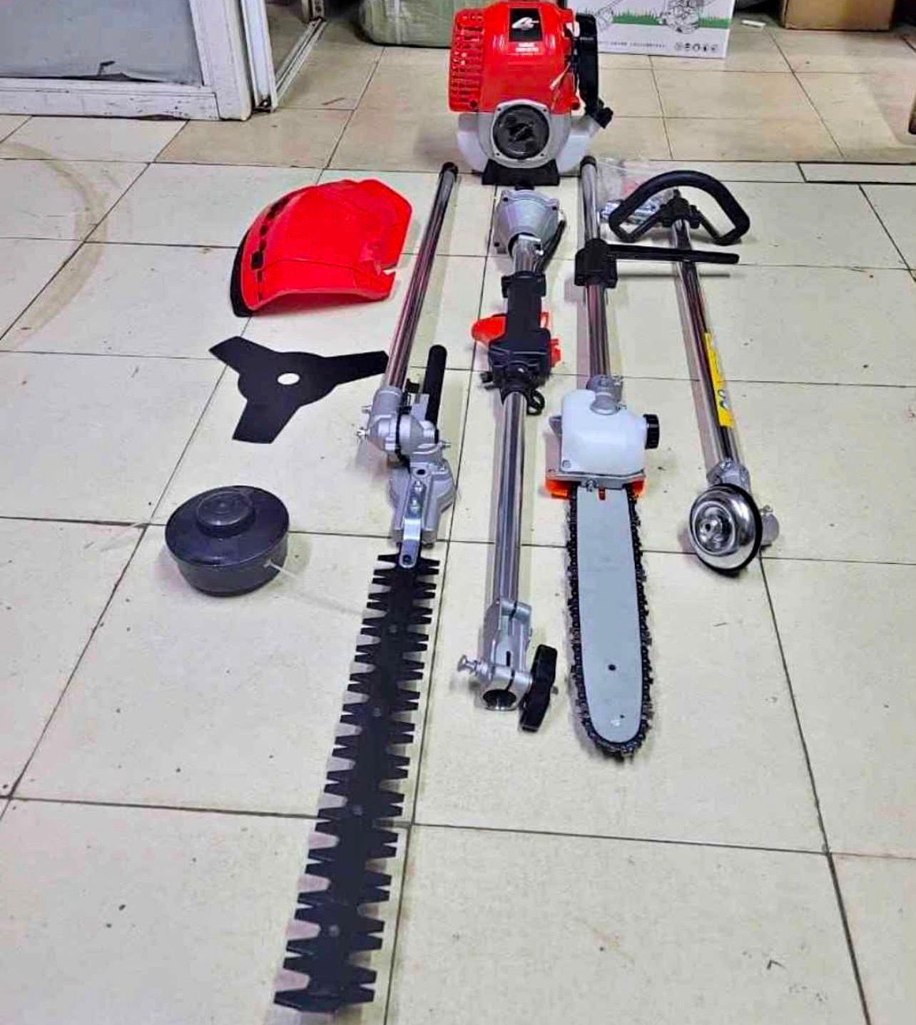 Original seller photo of the 4-in-1 heavy duty brush cutter and attachments